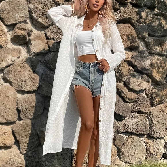 White Boho Womens Solid Button Front Longline Blouse - Picture 3 of 5